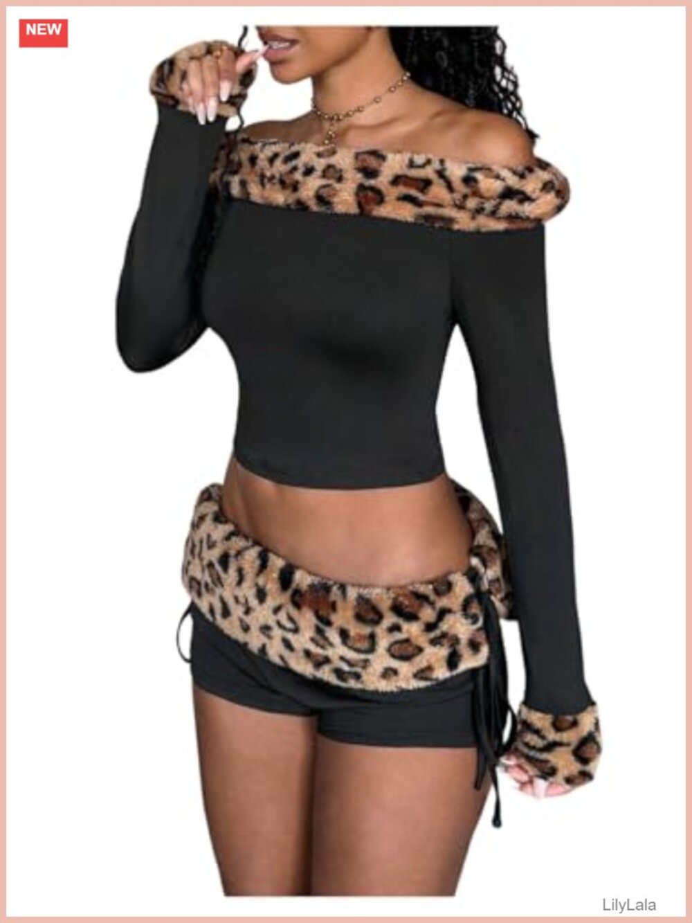 Y2K Leopard Print Off-Shoulder Fuzzy 2-Piece Short Set Rave Club Outfit
